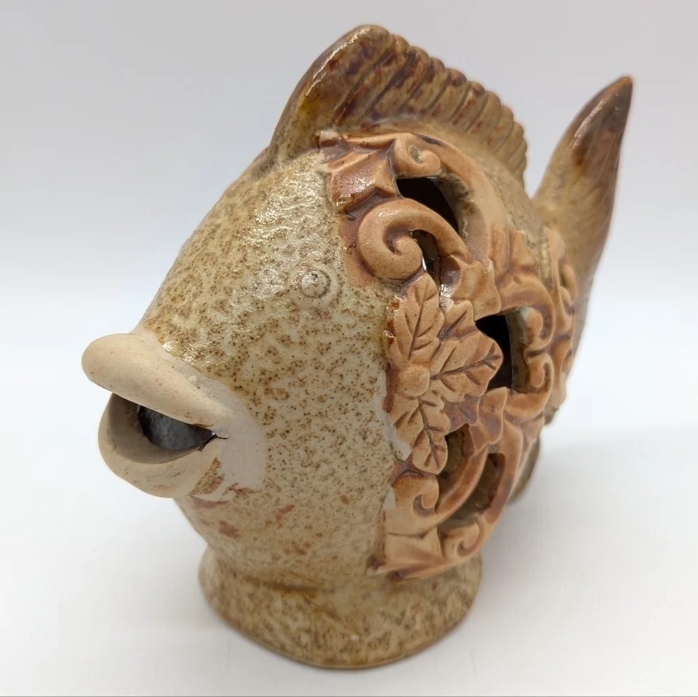 Vintage Ceramic Brown Tan Fish Sculpture Tea Light Candle Holder